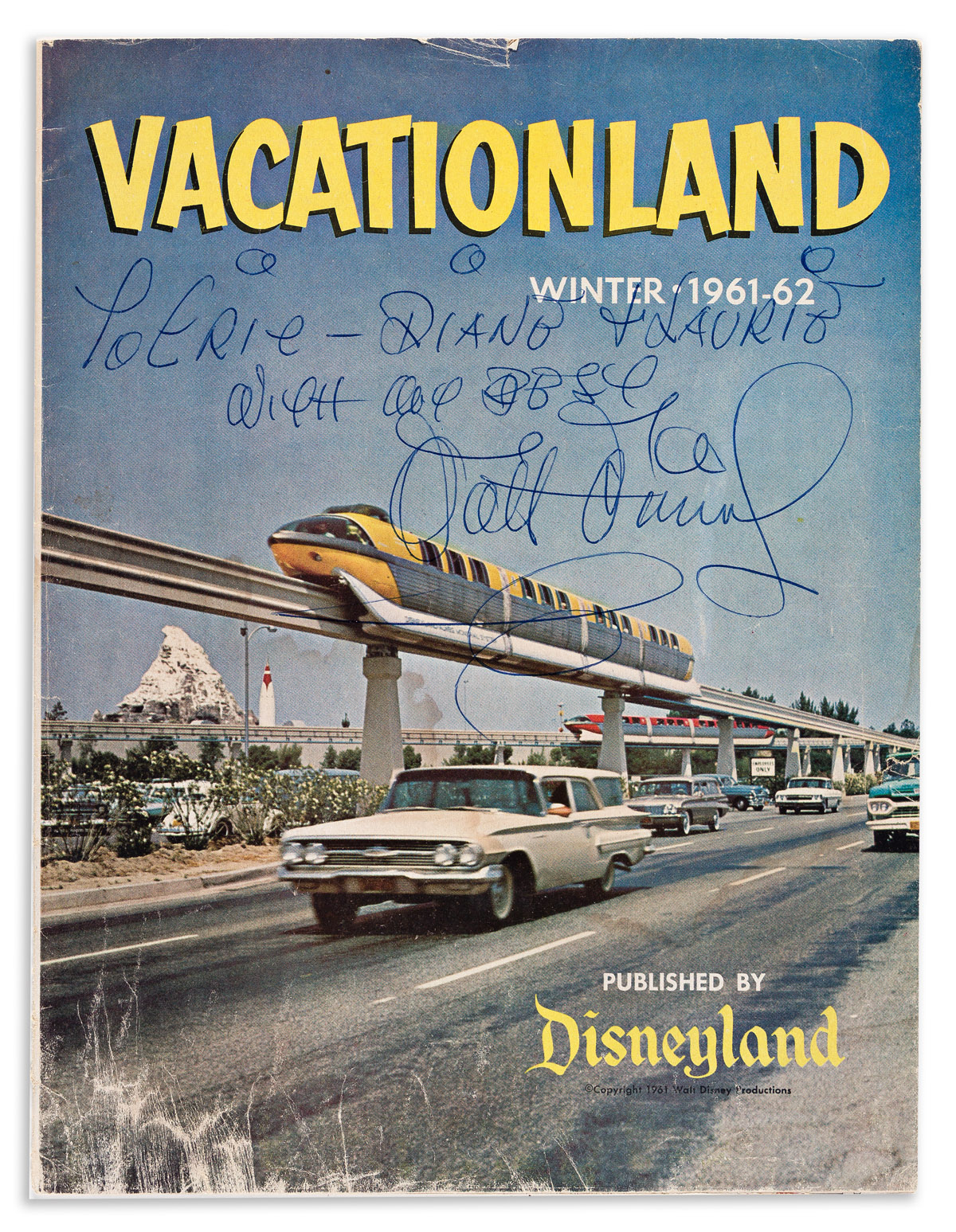 DISNEY, WALT. Complete 1961 Vactionland magazine Signed and Inscribed, To Eric -- Diane & Laurie / With my best,